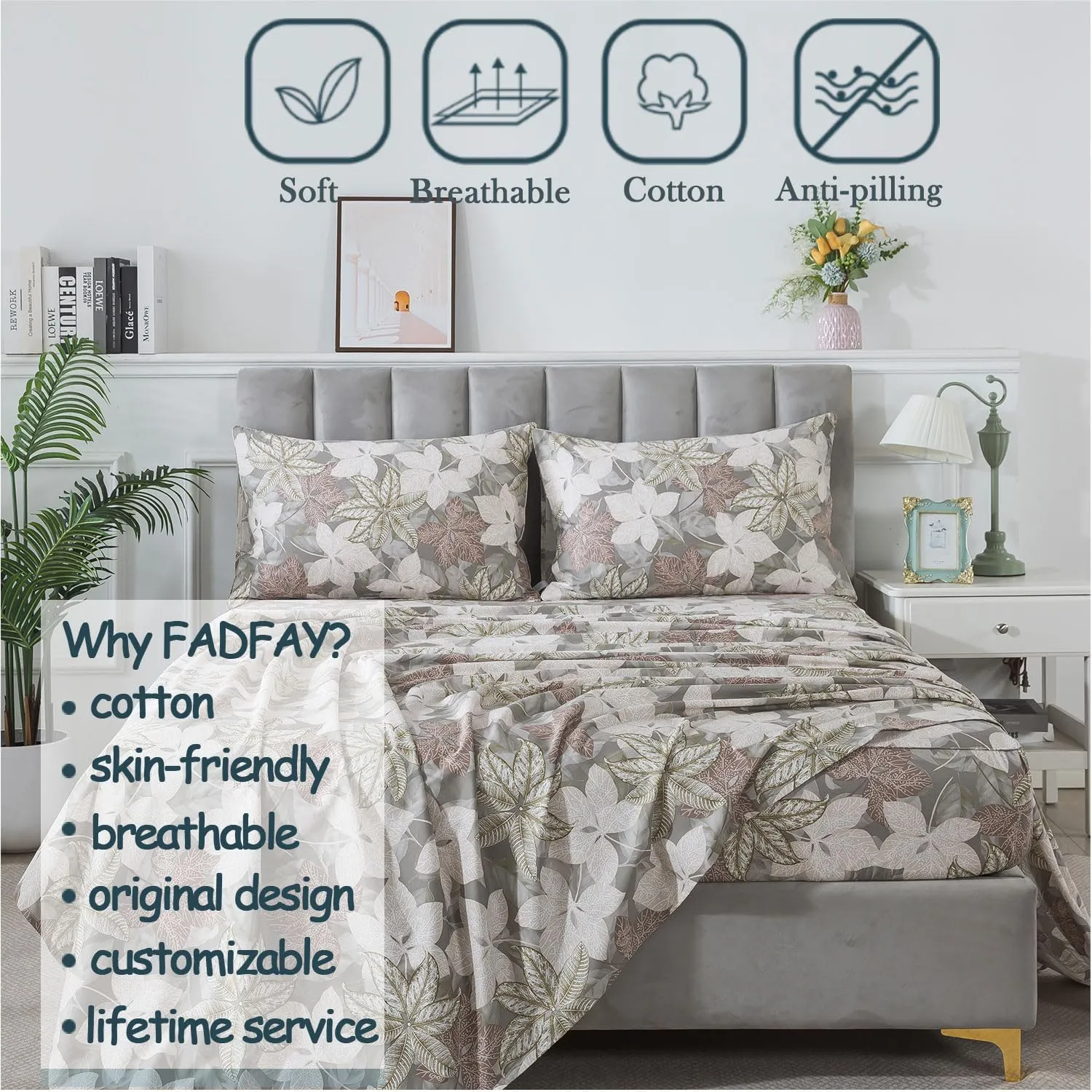 FADFAY Cal King Sheets Set Percale Cotton Leaves Bed Sheets Deep Pocket Fitted Sheet, Luxury Vintage Leaves Printed Shabby Bedding, Super Soft Crisp & Cool,4pcs