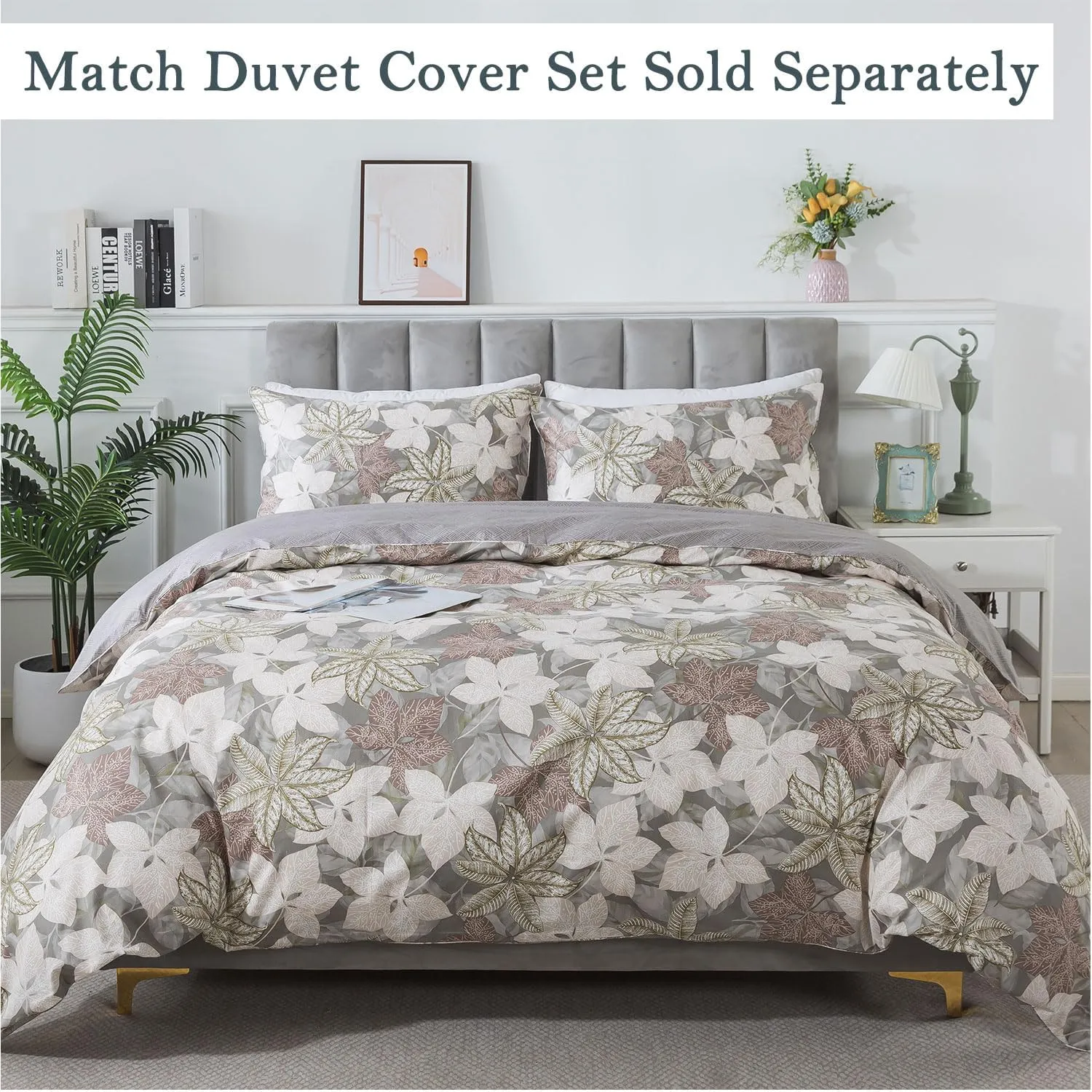 FADFAY Cal King Sheets Set Percale Cotton Leaves Bed Sheets Deep Pocket Fitted Sheet, Luxury Vintage Leaves Printed Shabby Bedding, Super Soft Crisp & Cool,4pcs