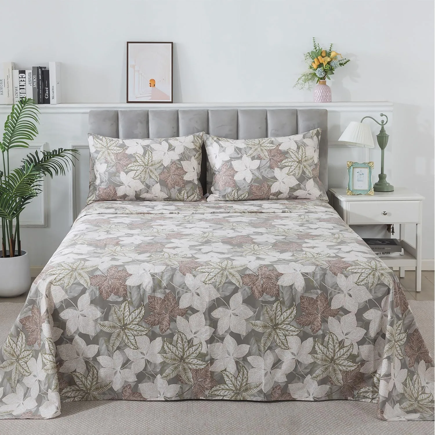 FADFAY Cal King Sheets Set Percale Cotton Leaves Bed Sheets Deep Pocket Fitted Sheet, Luxury Vintage Leaves Printed Shabby Bedding, Super Soft Crisp & Cool,4pcs