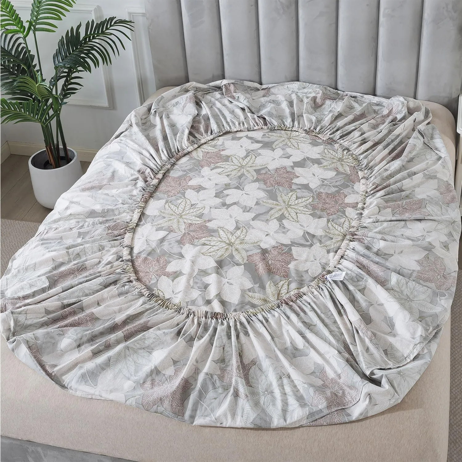 FADFAY Cal King Sheets Set Percale Cotton Leaves Bed Sheets Deep Pocket Fitted Sheet, Luxury Vintage Leaves Printed Shabby Bedding, Super Soft Crisp & Cool,4pcs