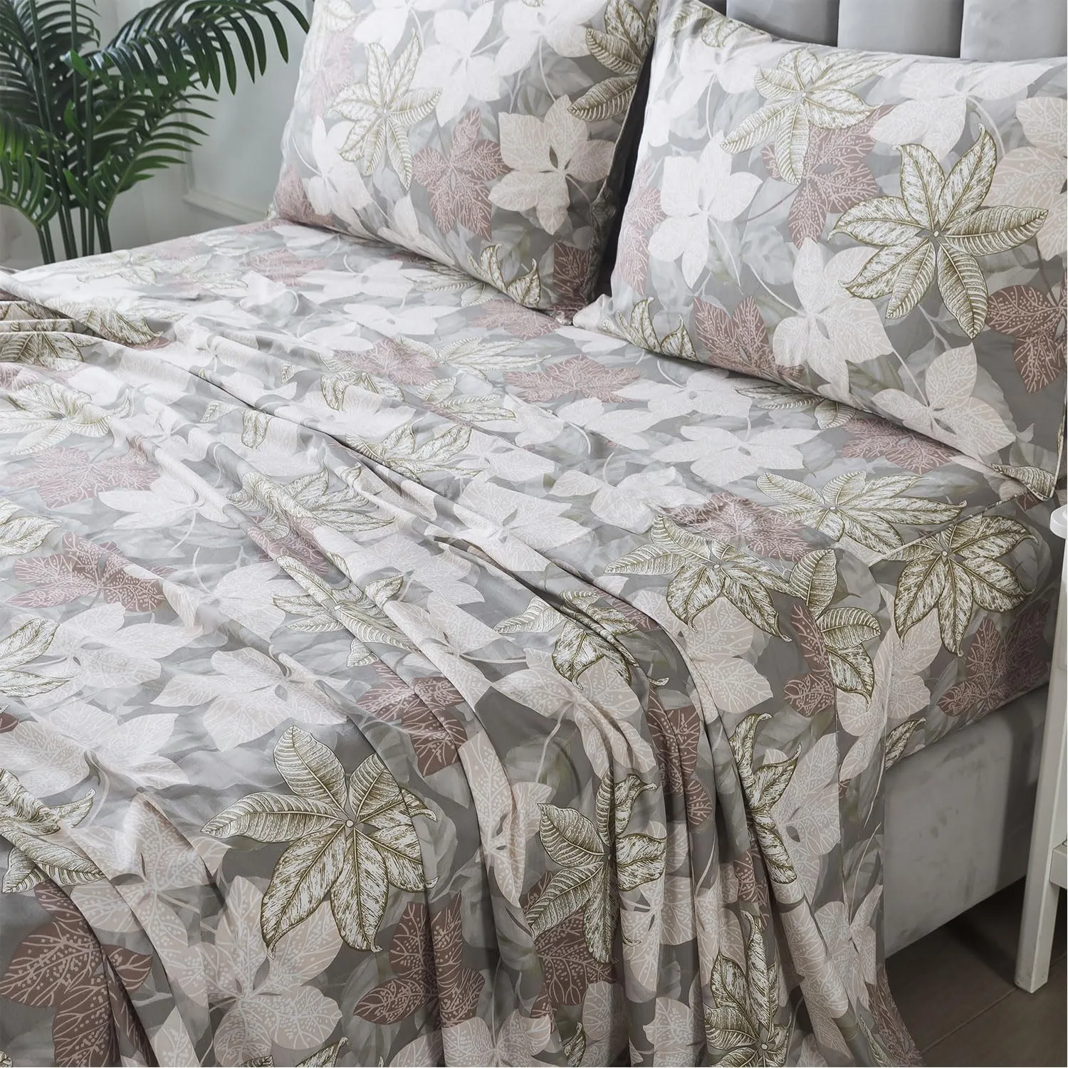 FADFAY Cal King Sheets Set Percale Cotton Leaves Bed Sheets Deep Pocket Fitted Sheet, Luxury Vintage Leaves Printed Shabby Bedding, Super Soft Crisp & Cool,4pcs