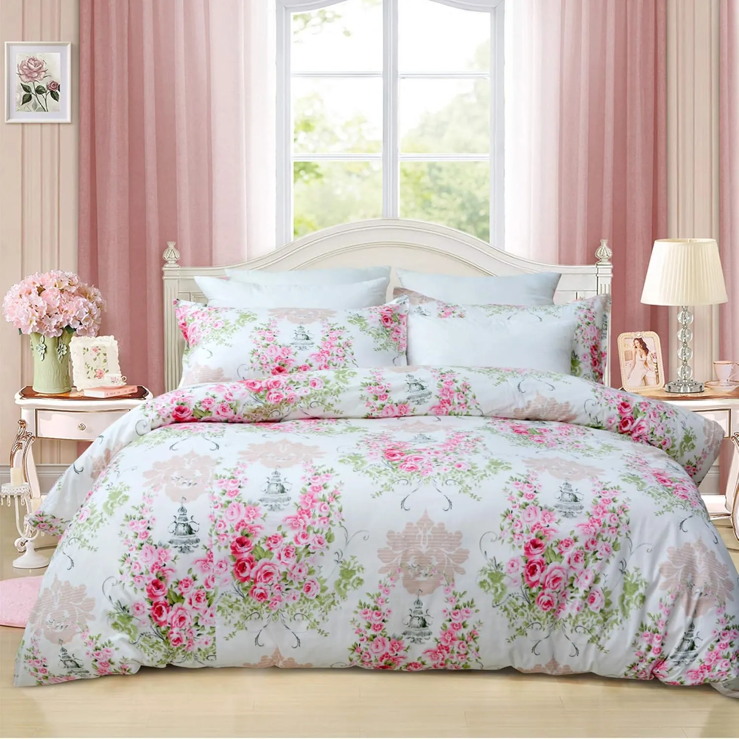 FADFAY Pink Rose Floral Duvet Cover Set 100% Cotton Girls Bedding with Hidden Zipper Closure 3 Pieces, 1duvet Cover & 2pillowcases,King/California King Size
