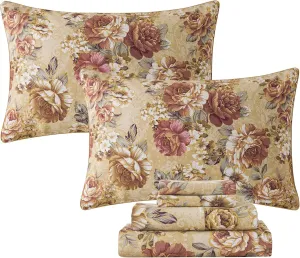 FADFAY Sheets Set Twin Tan Peony Floral Bedding Shabby Brown Flower Bed Sheet Set Vintage Farmhouse Bedding 100% Cotton Ultra Soft Breathable Bedding with Deep Pocket Fitted Sheet 4Pcs, Twin Size