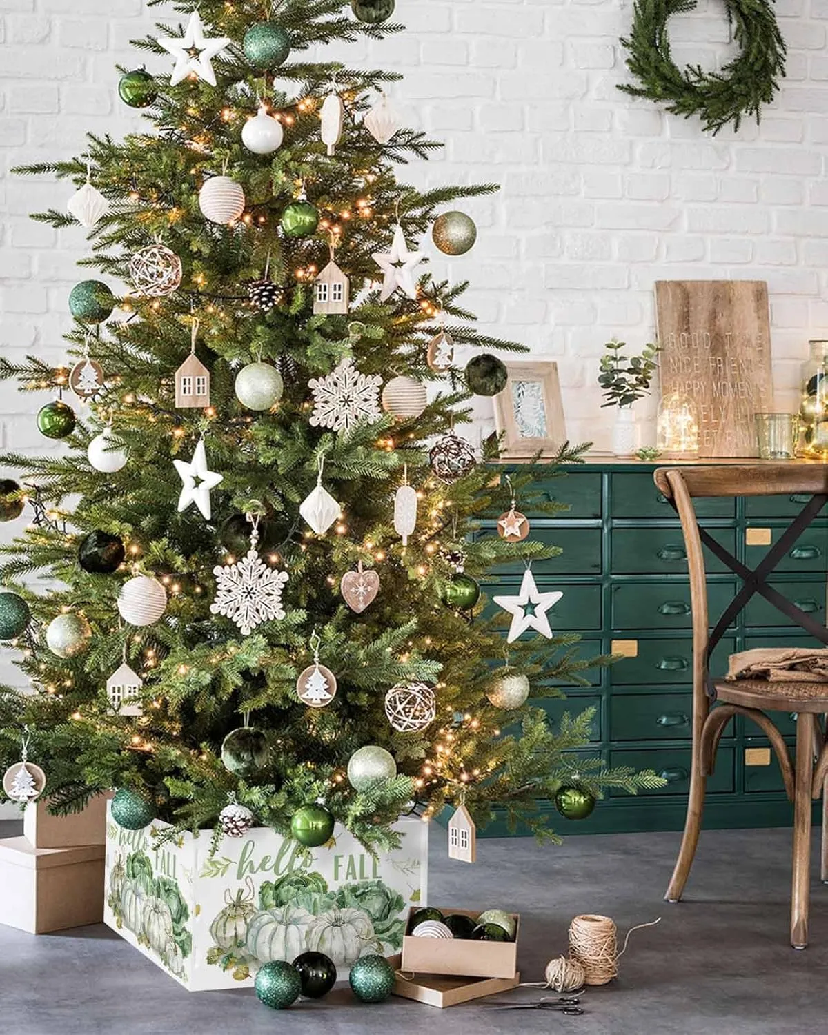 Fall White Pumpkin Christmas Tree Collar Tree Box Stand Cover,Thanksgiving Plants Green Cabbage Artificial/Pencil/Silm/Skinny Tree Ring 4 Packs Collapsible Tree Skirt for Christmas Xmas Tree,17"x10"