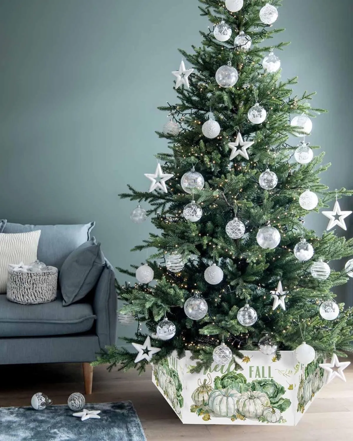 Fall White Pumpkin Christmas Tree Collar Tree Box Stand Cover,Thanksgiving Plants Green Cabbage Artificial/Pencil/Silm/Skinny Tree Ring 4 Packs Collapsible Tree Skirt for Christmas Xmas Tree,17"x10"