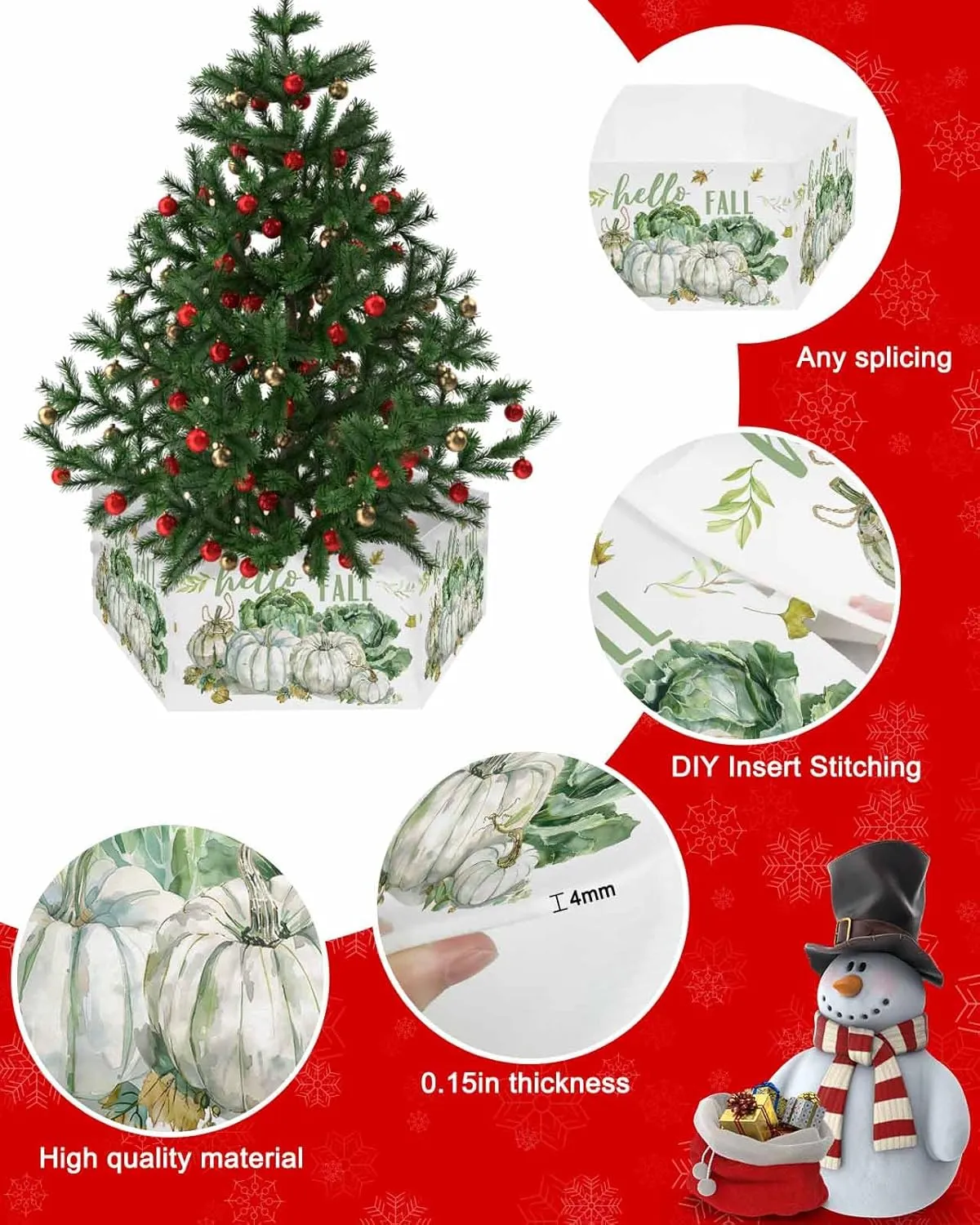 Fall White Pumpkin Christmas Tree Collar Tree Box Stand Cover,Thanksgiving Plants Green Cabbage Artificial/Pencil/Silm/Skinny Tree Ring 4 Packs Collapsible Tree Skirt for Christmas Xmas Tree,17"x10"