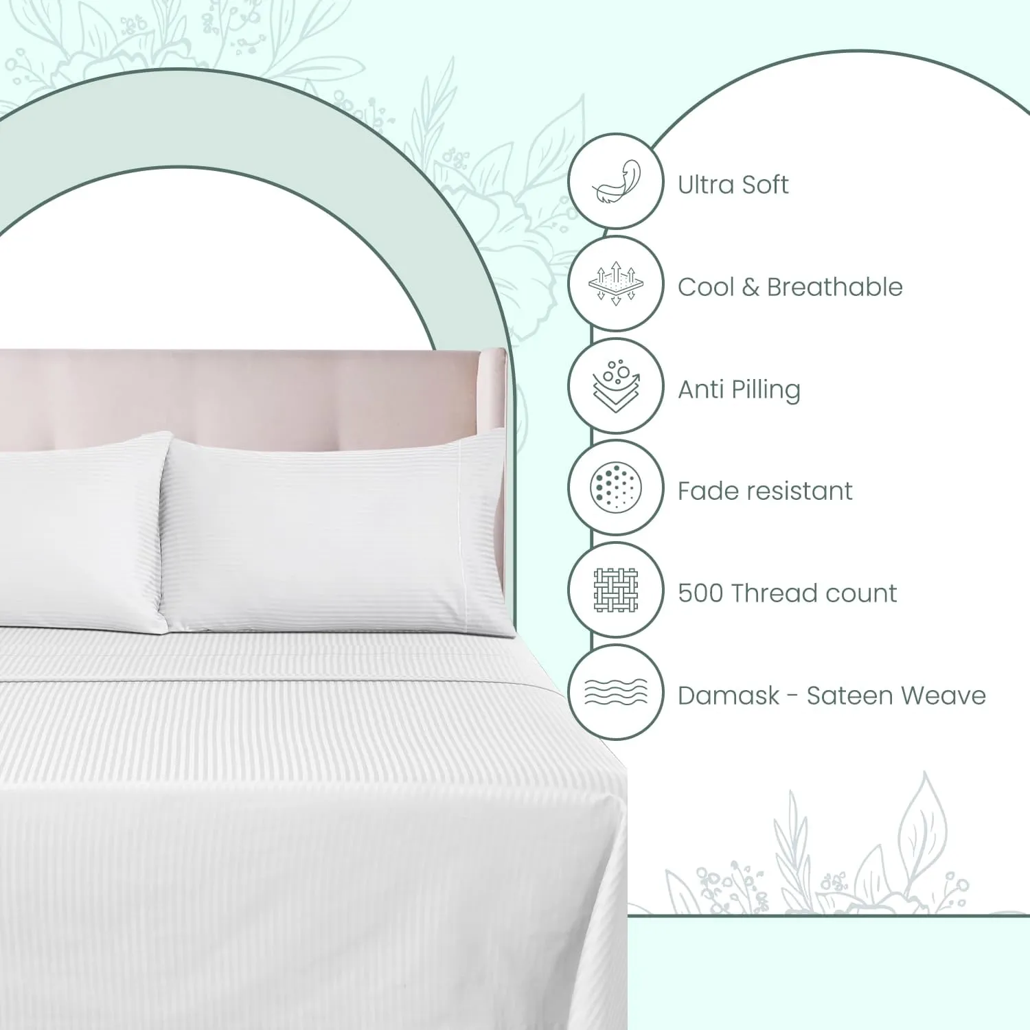 Feather & Stitch 500 TC Queen Size Damask Bed Sheet Set, 100% Cotton Soft Breathable Bedsheets, 4 Piece 18" Deep Pockets Sateen Weave Striped Bedding Mattress Resort Hotel- (Stripe White, Queen)