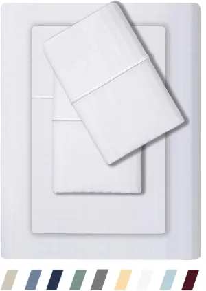 Feather & Stitch 500 TC Queen Size Damask Bed Sheet Set, 100% Cotton Soft Breathable Bedsheets, 4 Piece 18" Deep Pockets Sateen Weave Striped Bedding Mattress Resort Hotel- (Stripe White, Queen)