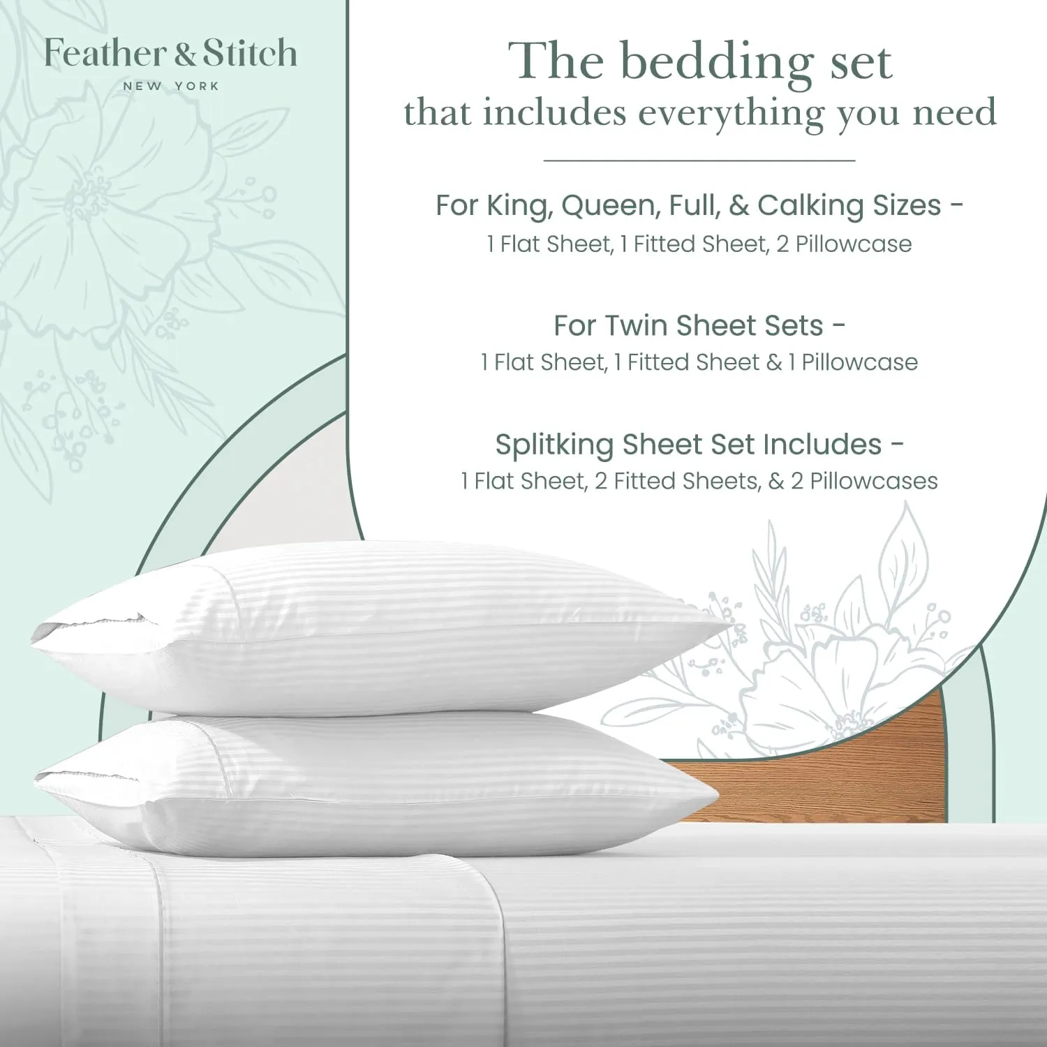 Feather & Stitch 500 TC Queen Size Damask Bed Sheet Set, 100% Cotton Soft Breathable Bedsheets, 4 Piece 18" Deep Pockets Sateen Weave Striped Bedding Mattress Resort Hotel- (Stripe White, Queen)