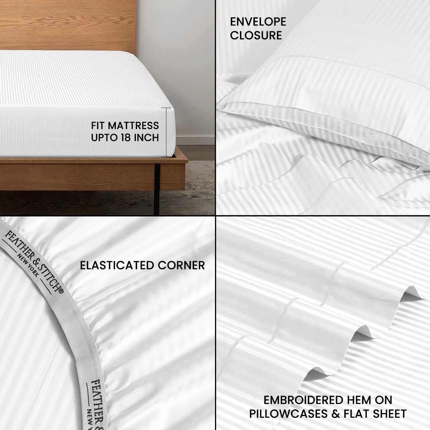 Feather & Stitch 500 TC Queen Size Damask Bed Sheet Set, 100% Cotton Soft Breathable Bedsheets, 4 Piece 18" Deep Pockets Sateen Weave Striped Bedding Mattress Resort Hotel- (Stripe White, Queen)