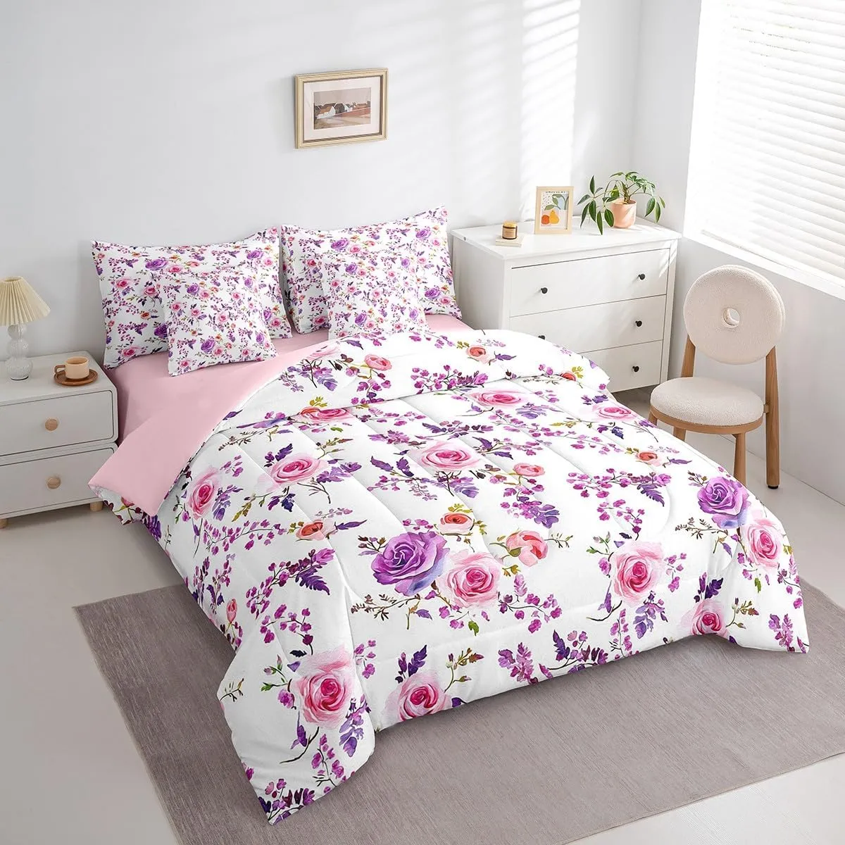 Feelyou Rose Bed Set for Kids Boys Girls Full Size Romantic 7 Pieces Beeding Set Ultra Soft Rose Floral Flower Bed in a Bag with Comforter, Sheets, Pillowcases Garden Flower