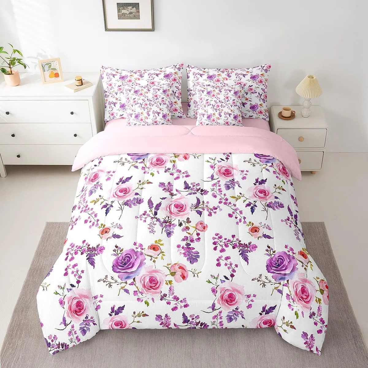 Feelyou Rose Bed Set for Kids Boys Girls Full Size Romantic 7 Pieces Beeding Set Ultra Soft Rose Floral Flower Bed in a Bag with Comforter, Sheets, Pillowcases Garden Flower