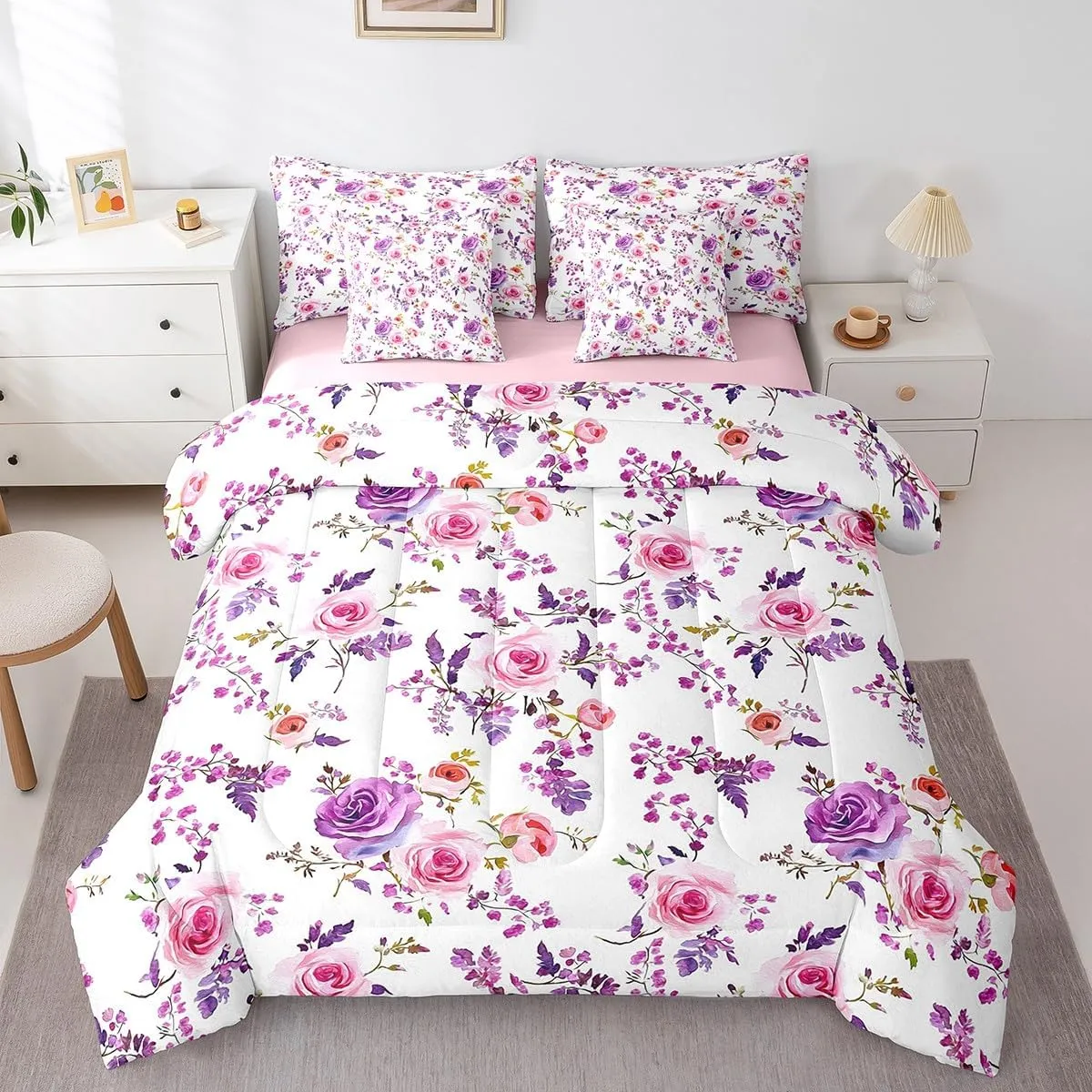 Feelyou Rose Bed Set for Kids Boys Girls Full Size Romantic 7 Pieces Beeding Set Ultra Soft Rose Floral Flower Bed in a Bag with Comforter, Sheets, Pillowcases Garden Flower