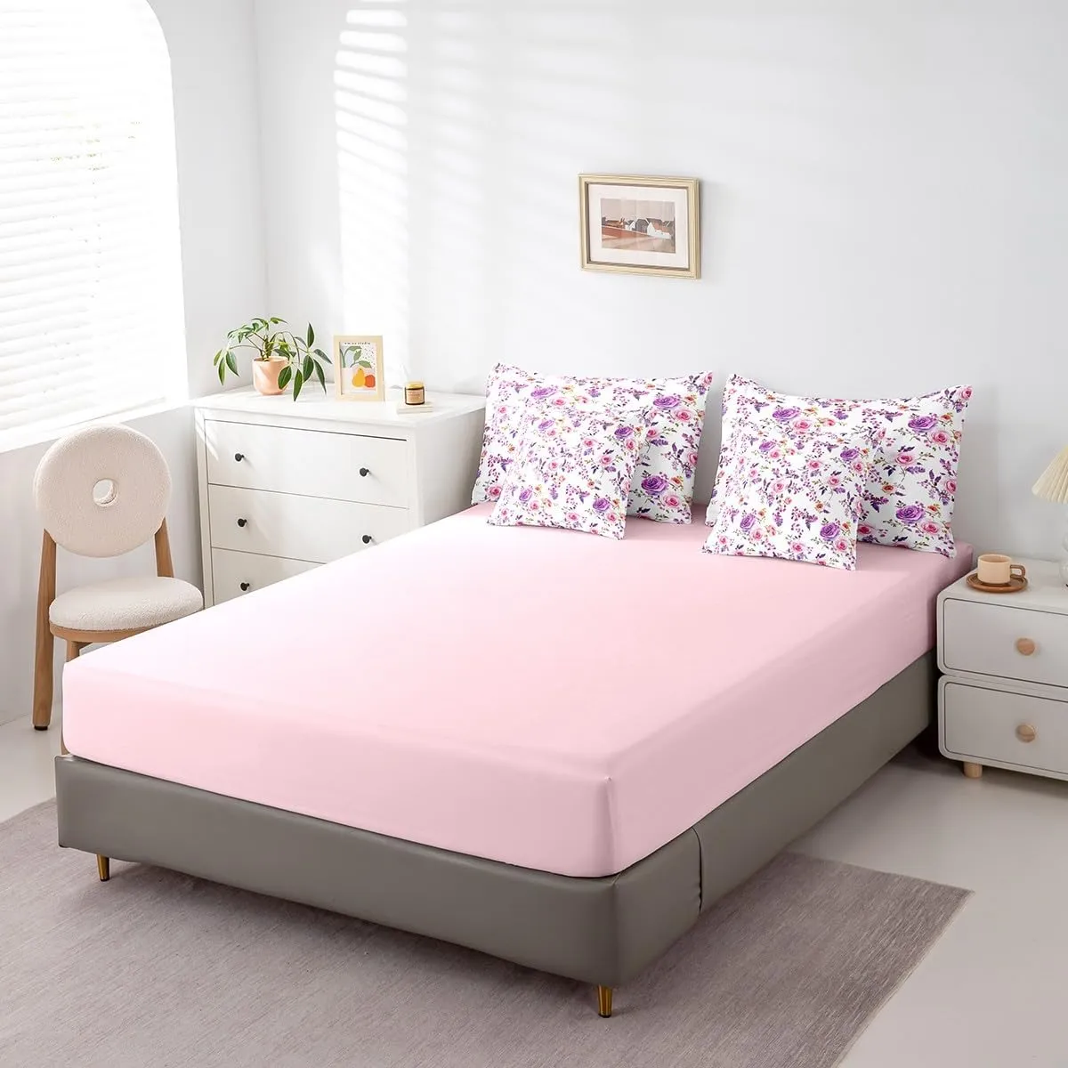 Feelyou Rose Bed Set for Kids Boys Girls Full Size Romantic 7 Pieces Beeding Set Ultra Soft Rose Floral Flower Bed in a Bag with Comforter, Sheets, Pillowcases Garden Flower