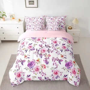Feelyou Rose Bed Set for Kids Boys Girls Full Size Romantic 7 Pieces Beeding Set Ultra Soft Rose Floral Flower Bed in a Bag with Comforter, Sheets, Pillowcases Garden Flower