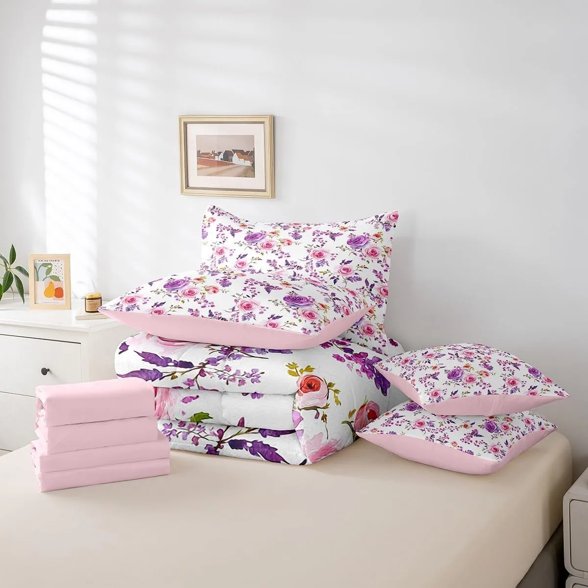 Feelyou Rose Bed Set for Kids Boys Girls Full Size Romantic 7 Pieces Beeding Set Ultra Soft Rose Floral Flower Bed in a Bag with Comforter, Sheets, Pillowcases Garden Flower