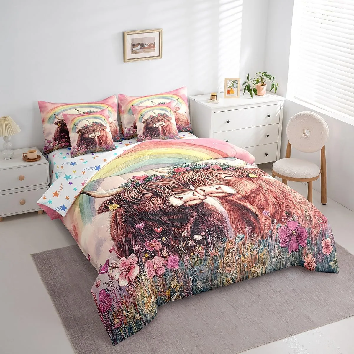 Feelyou Valentine's Day Comforter Set with Sheets Queen Size for Adult Boys Girls Cute Highland Cow 7 Piece Bedding Set Rainbow Bed in a Bag Flower Bed Set