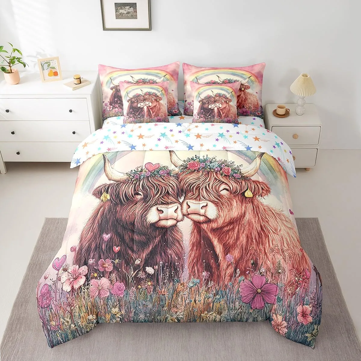 Feelyou Valentine's Day Comforter Set with Sheets Queen Size for Adult Boys Girls Cute Highland Cow 7 Piece Bedding Set Rainbow Bed in a Bag Flower Bed Set