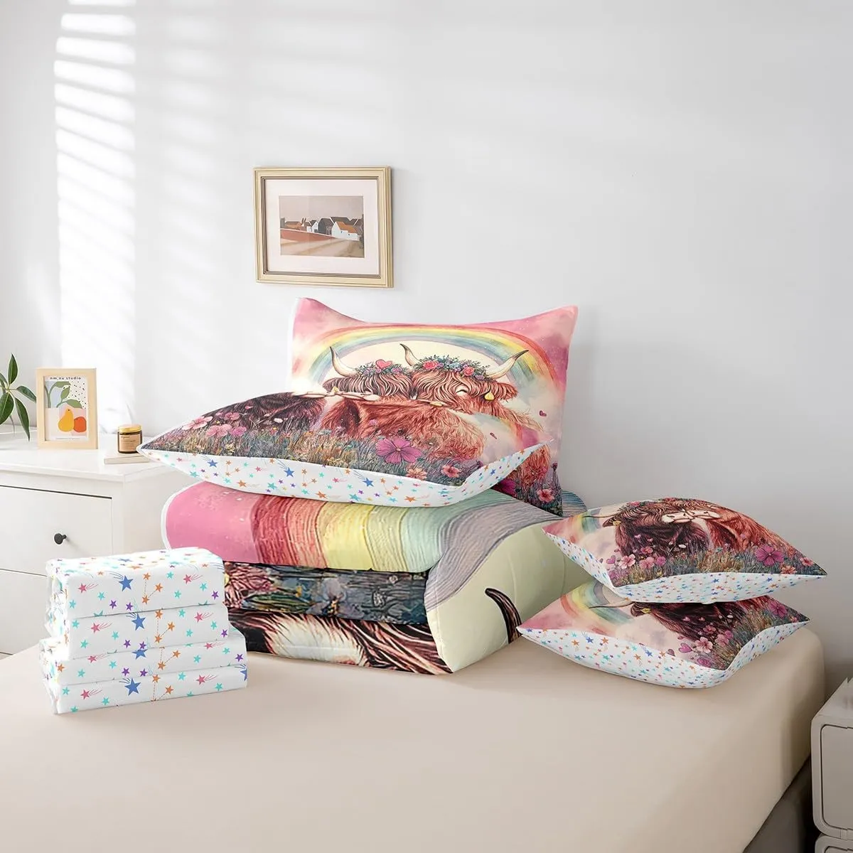 Feelyou Valentine's Day Comforter Set with Sheets Queen Size for Adult Boys Girls Cute Highland Cow 7 Piece Bedding Set Rainbow Bed in a Bag Flower Bed Set