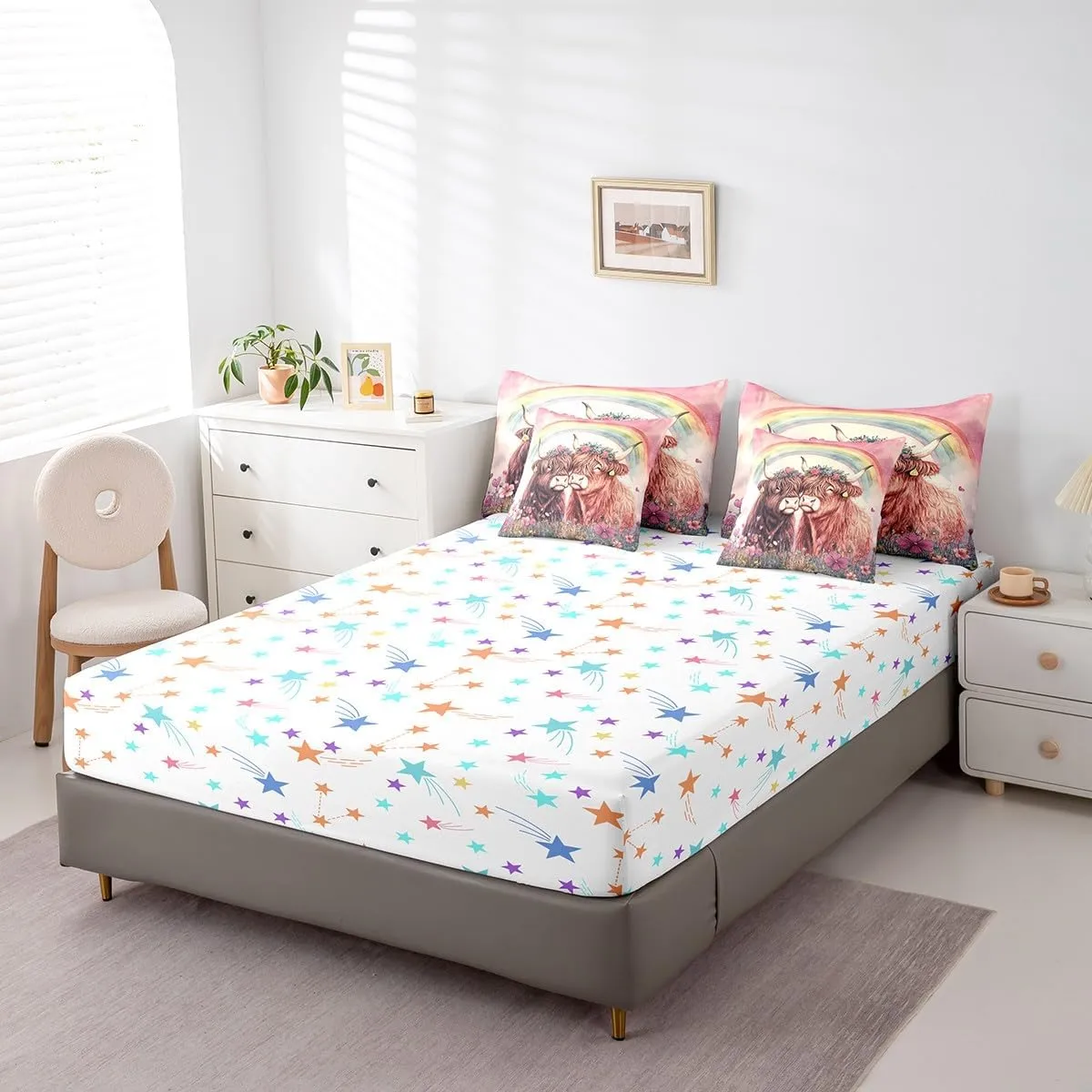 Feelyou Valentine's Day Comforter Set with Sheets Queen Size for Adult Boys Girls Cute Highland Cow 7 Piece Bedding Set Rainbow Bed in a Bag Flower Bed Set