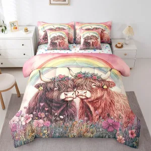 Feelyou Valentine's Day Comforter Set with Sheets Queen Size for Adult Boys Girls Cute Highland Cow 7 Piece Bedding Set Rainbow Bed in a Bag Flower Bed Set