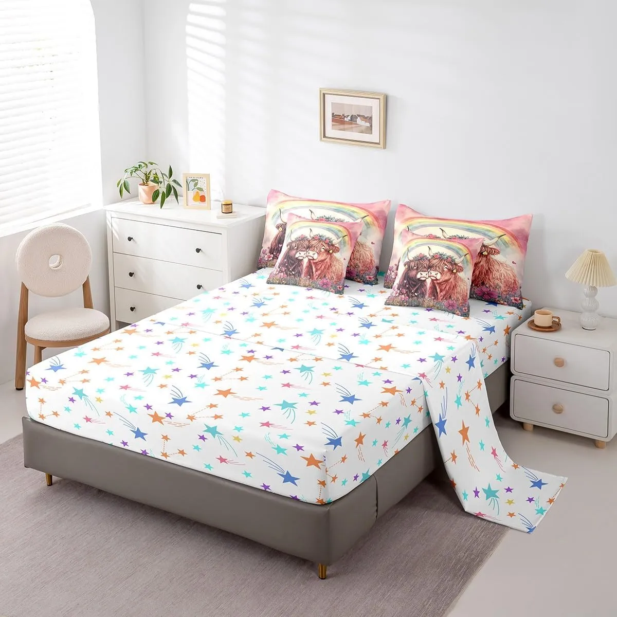 Feelyou Valentine's Day Comforter Set with Sheets Queen Size for Adult Boys Girls Cute Highland Cow 7 Piece Bedding Set Rainbow Bed in a Bag Flower Bed Set