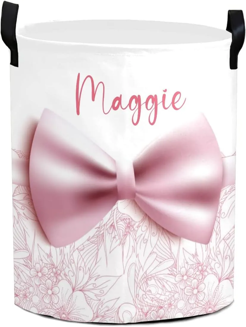 Floral Beautiful Pink Bow Personalized Waterproof Foldable Laundry Basket Bag with Handle, Custom Collapsible Clothes Hamper Storage Bin for Toys Laundry Dorm Travel Bathroom