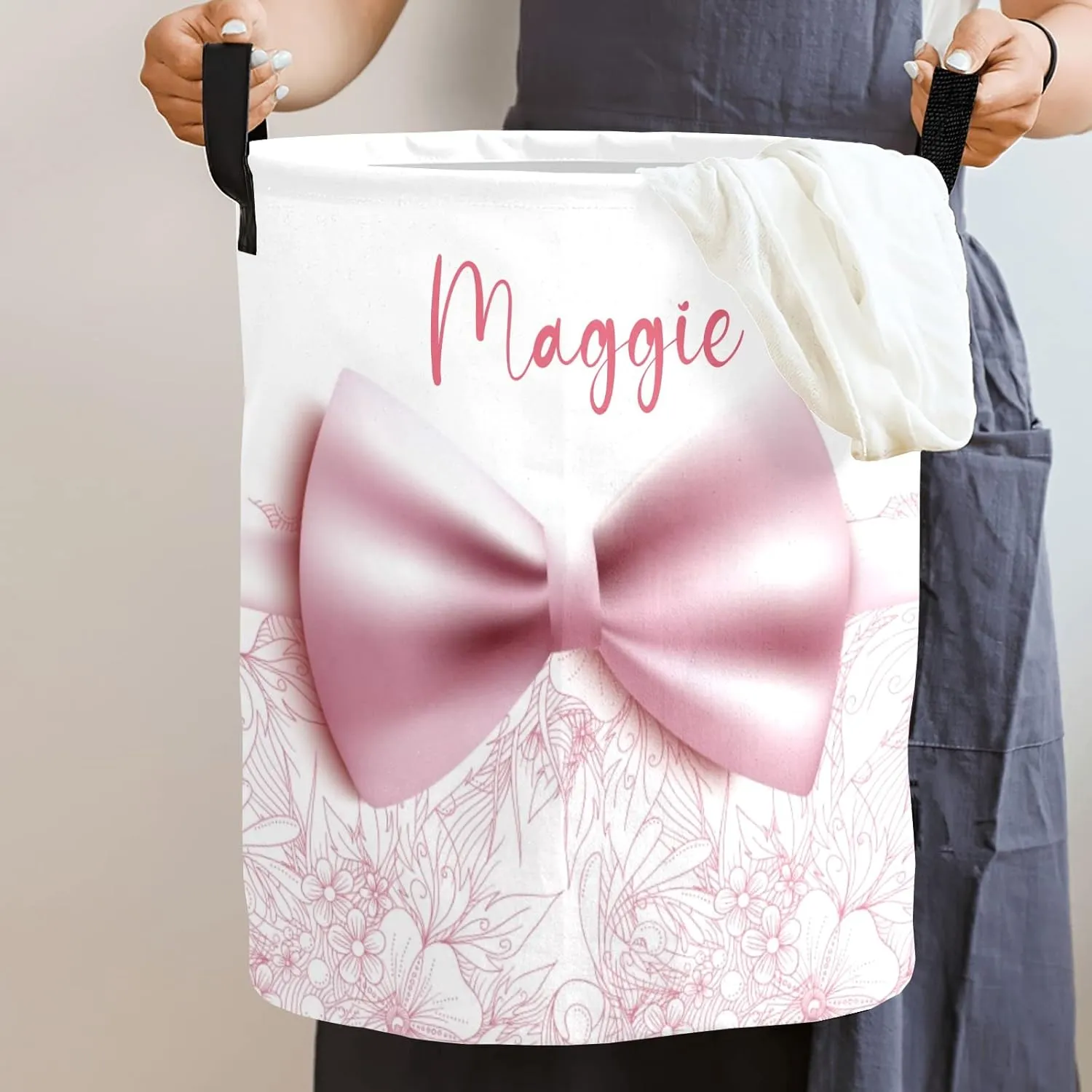 Floral Beautiful Pink Bow Personalized Waterproof Foldable Laundry Basket Bag with Handle, Custom Collapsible Clothes Hamper Storage Bin for Toys Laundry Dorm Travel Bathroom