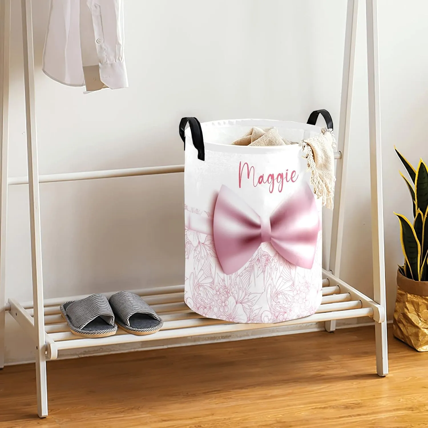 Floral Beautiful Pink Bow Personalized Waterproof Foldable Laundry Basket Bag with Handle, Custom Collapsible Clothes Hamper Storage Bin for Toys Laundry Dorm Travel Bathroom