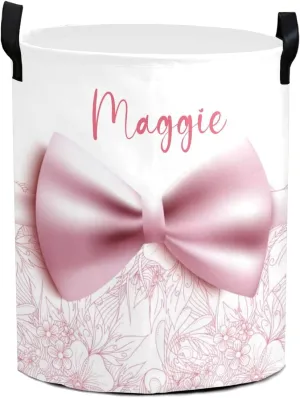 Floral Beautiful Pink Bow Personalized Waterproof Foldable Laundry Basket Bag with Handle, Custom Collapsible Clothes Hamper Storage Bin for Toys Laundry Dorm Travel Bathroom