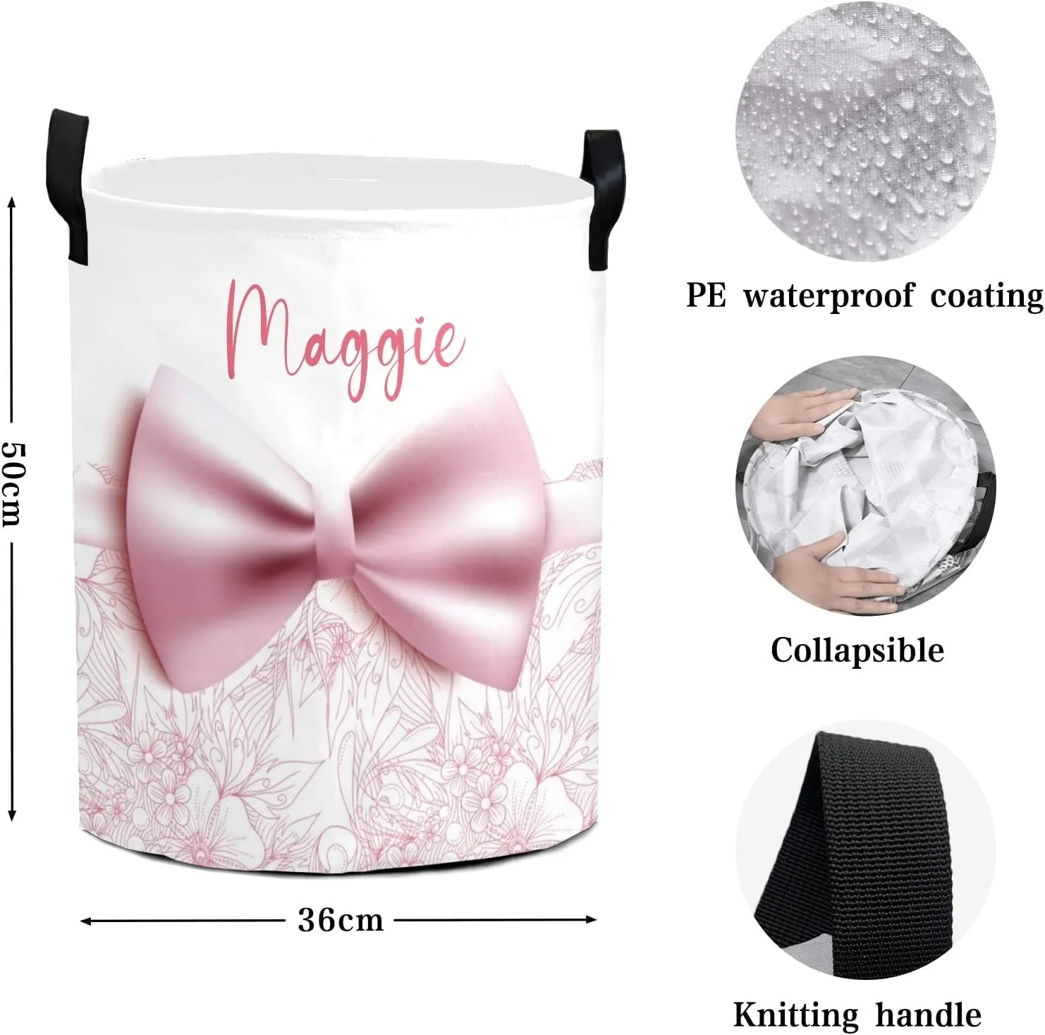 Floral Beautiful Pink Bow Personalized Waterproof Foldable Laundry Basket Bag with Handle, Custom Collapsible Clothes Hamper Storage Bin for Toys Laundry Dorm Travel Bathroom