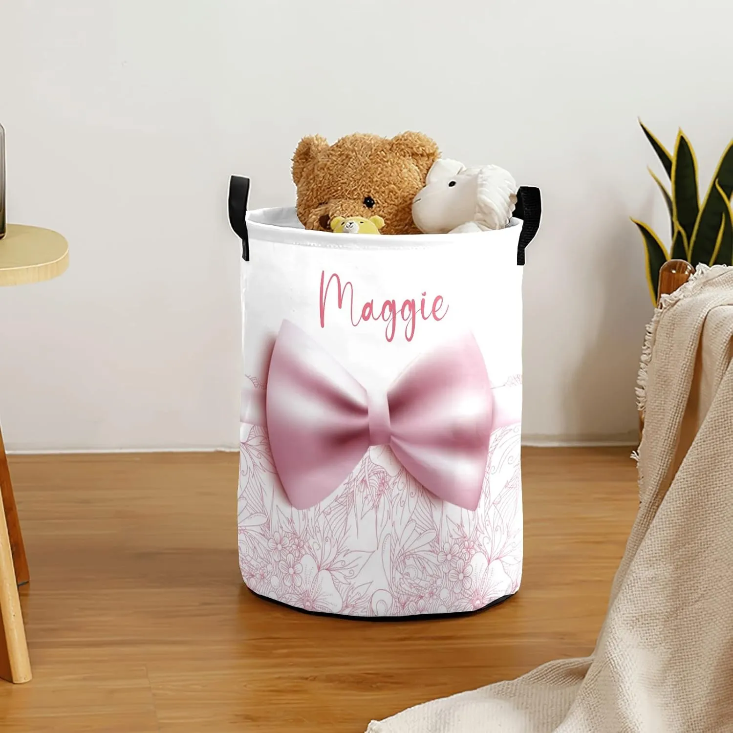 Floral Beautiful Pink Bow Personalized Waterproof Foldable Laundry Basket Bag with Handle, Custom Collapsible Clothes Hamper Storage Bin for Toys Laundry Dorm Travel Bathroom
