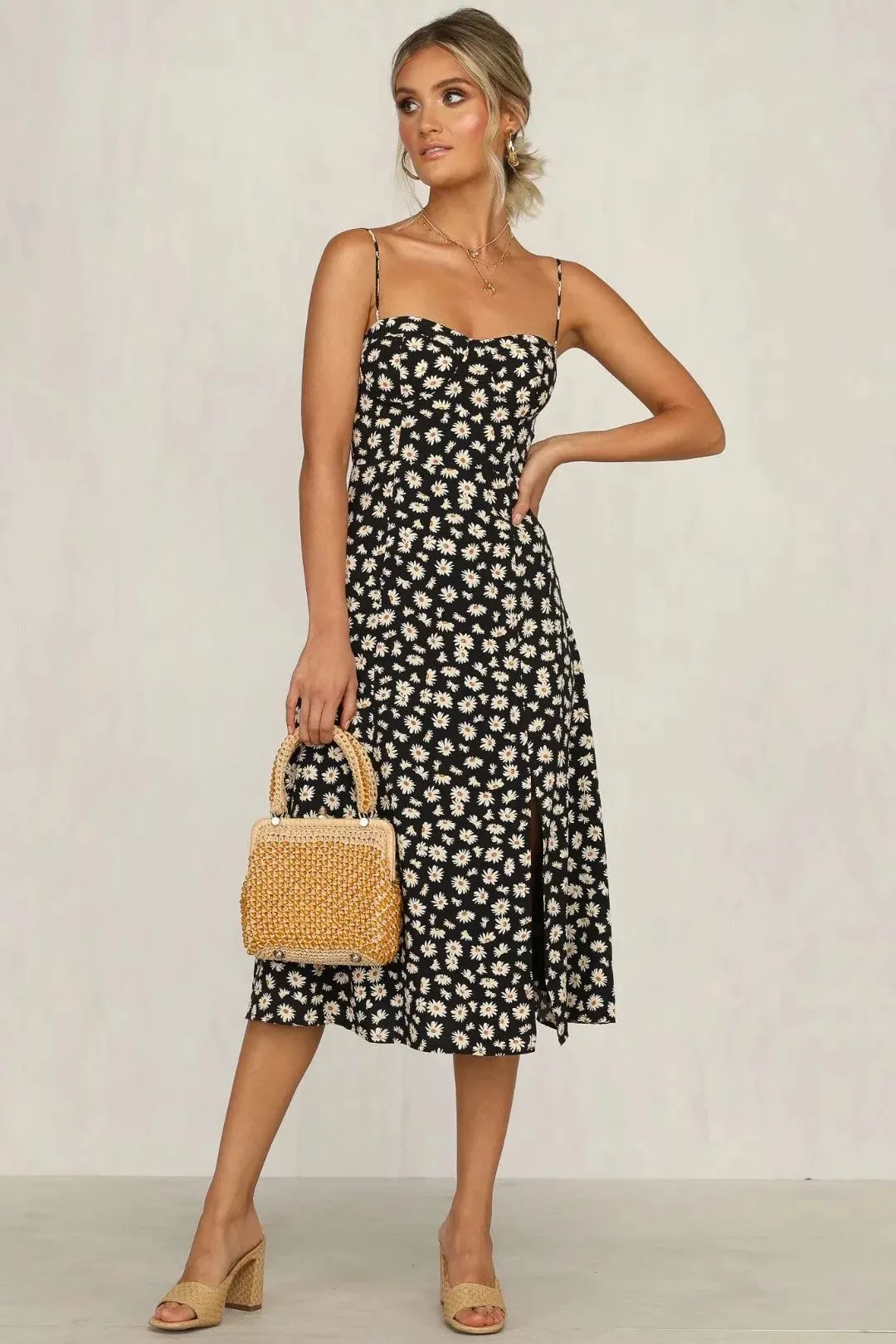 Floral Shoulder Tying Leg Slit Midi Dress