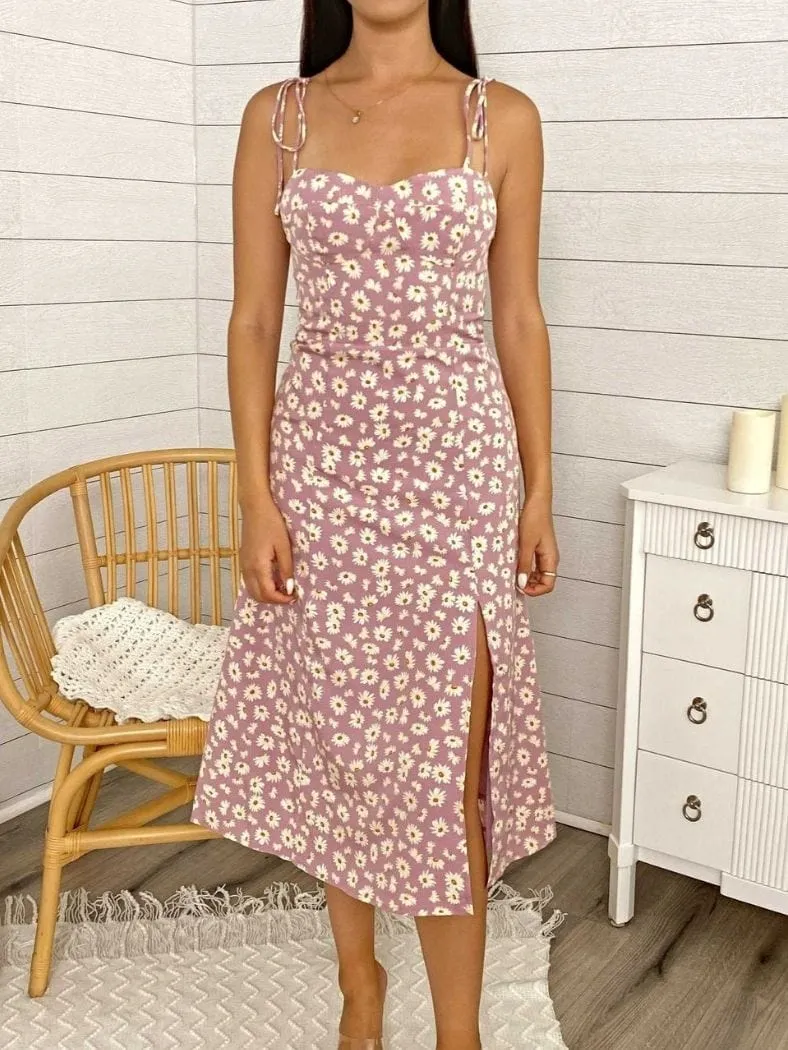Floral Shoulder Tying Leg Slit Midi Dress