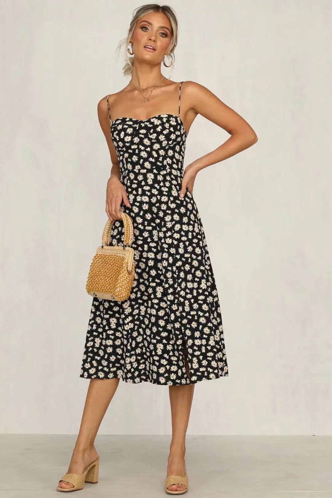 Floral Shoulder Tying Leg Slit Midi Dress