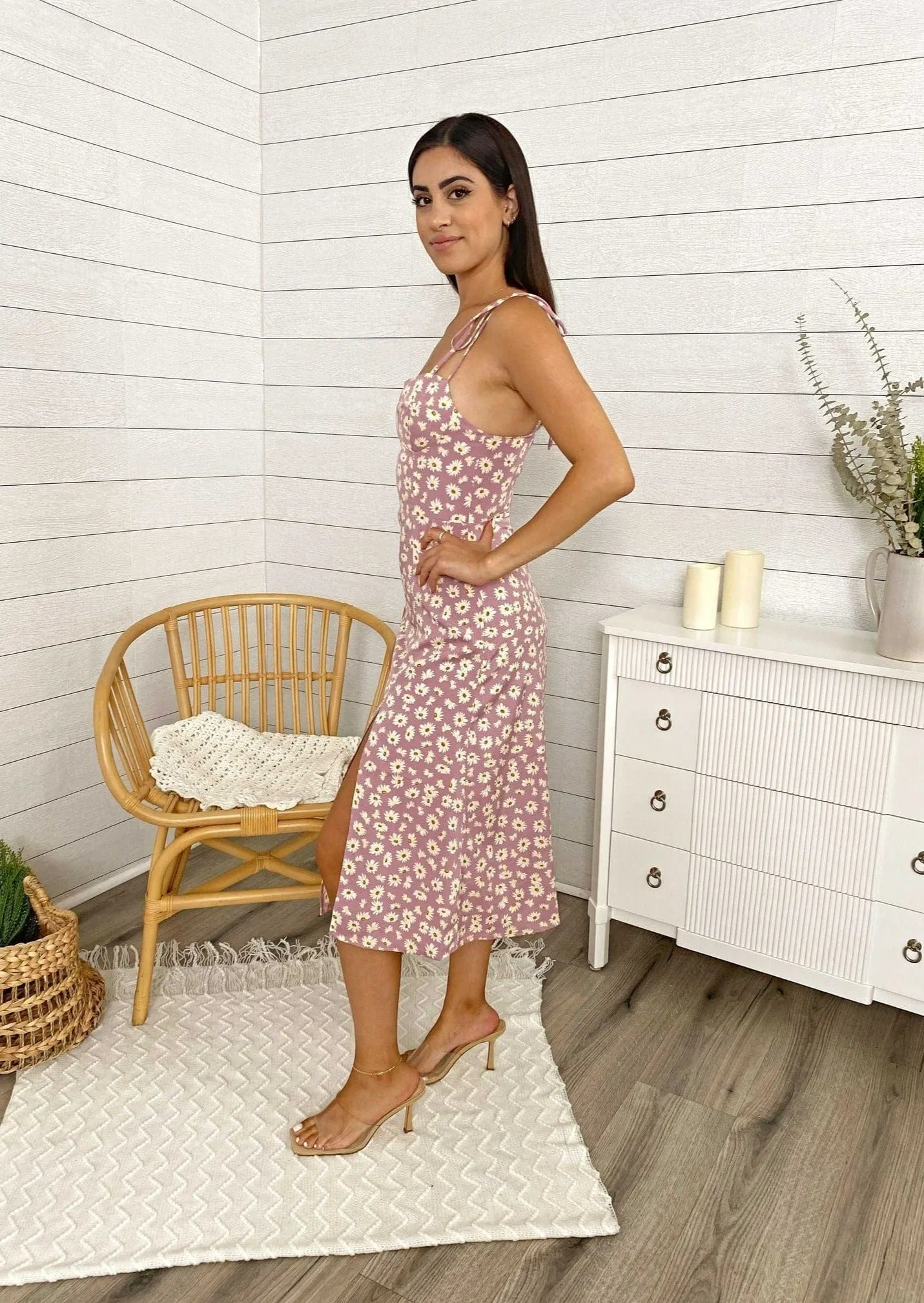 Floral Shoulder Tying Leg Slit Midi Dress