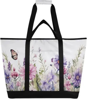 Flowers Butterfly Reusable Insulated Lunchbox Cooler Bag, Leakproof Kitchen Grocery Bag Collapsible Portable Cooler Tote Bag for Picnic, Camping, Office, Travel
