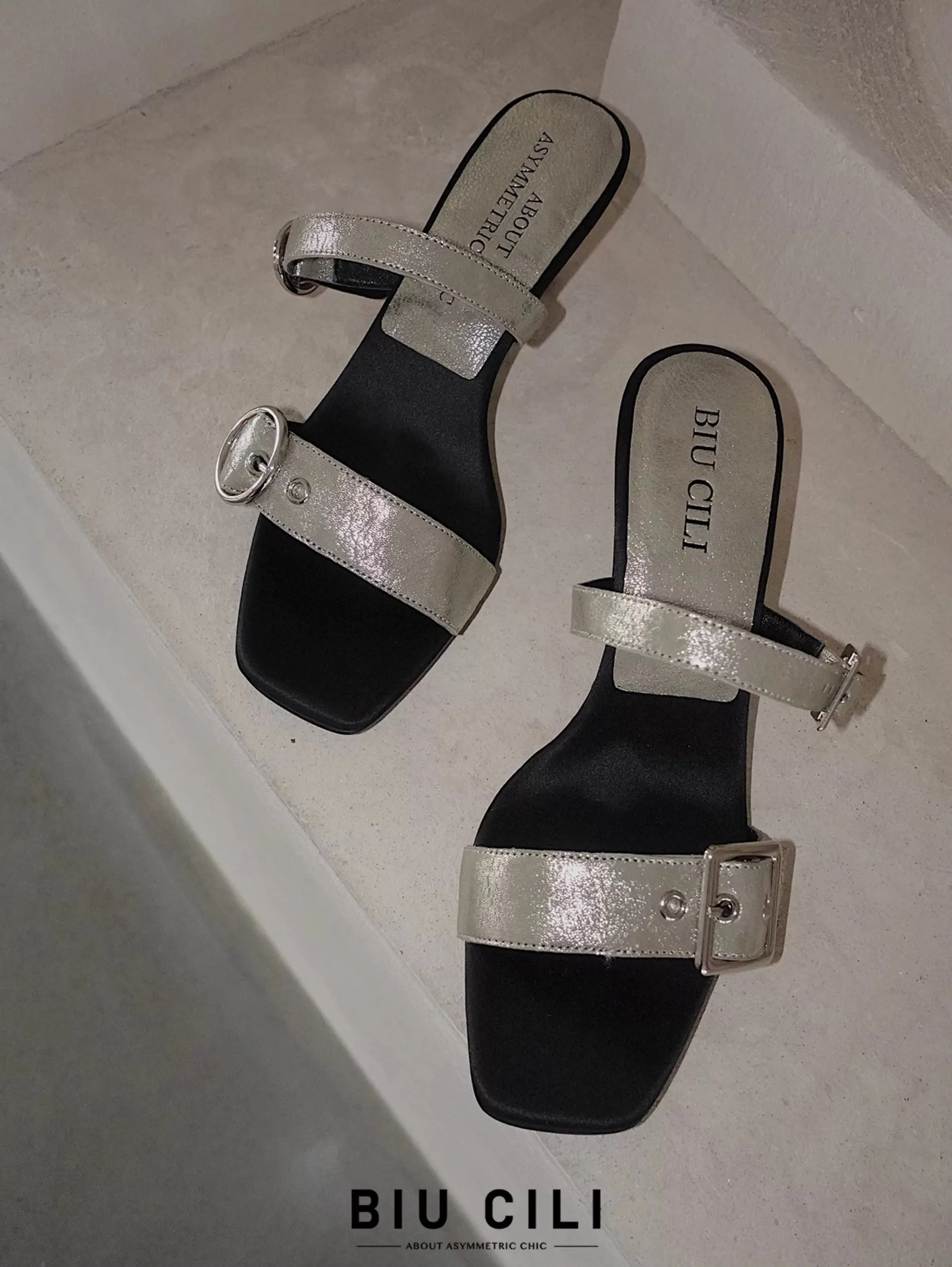Flowing Romance Asymmetric Minimalist Buckle Strap Mid Heel Sandal