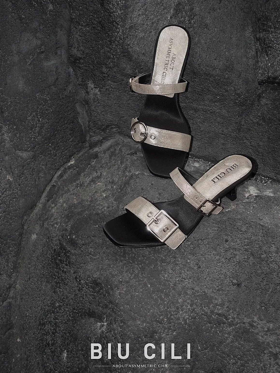 Flowing Romance Asymmetric Minimalist Buckle Strap Mid Heel Sandal