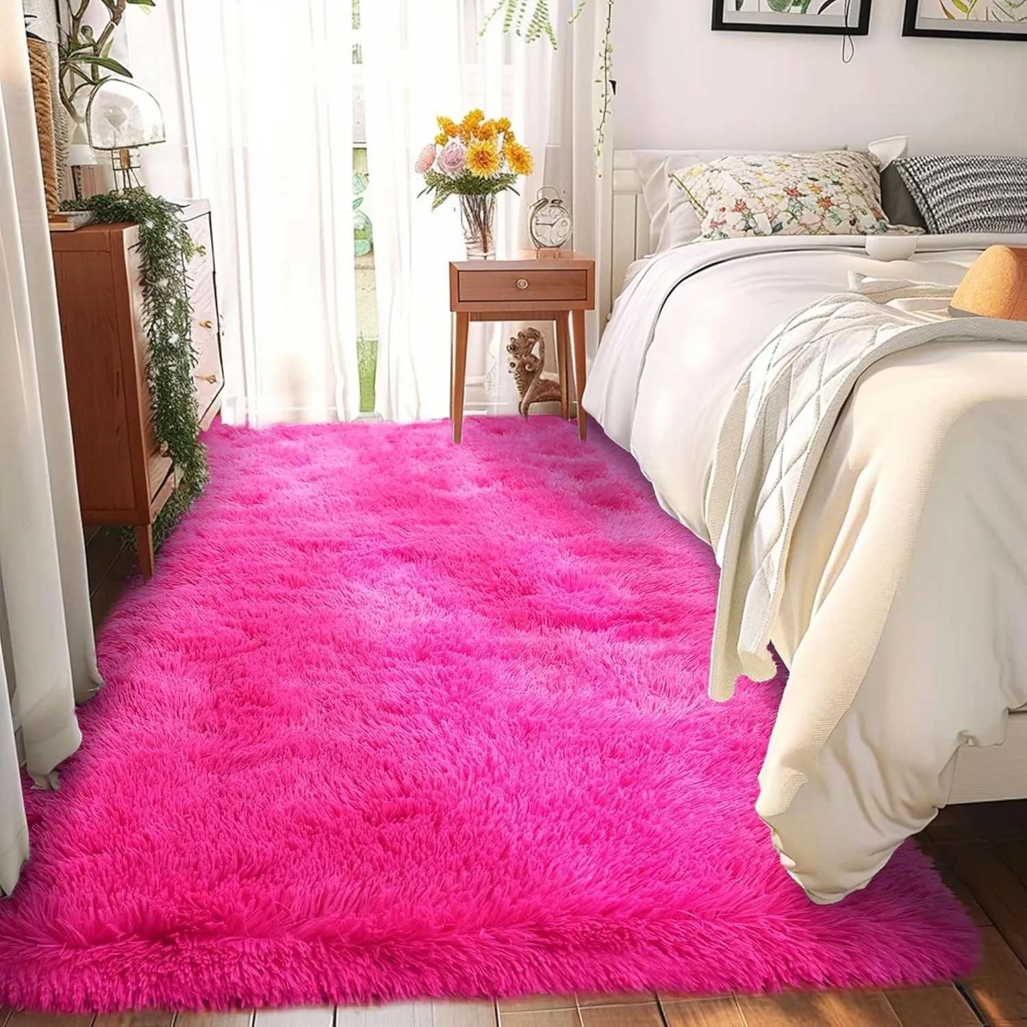 Fluffy Rug Runner 2x4, Super Soft Hot Pink Bedside Runner, Non-Slip Hallway Decor