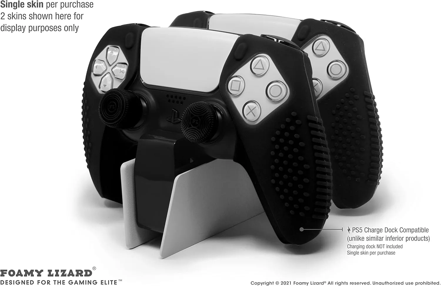 Foamy Lizard SensePro PS5 Controller Skin | Dock Compatible, Soft Flat Anti-Slip Studded Silicone Gel Grip Cover for PlayStation 5 Dualsense, Rubber Protector Plus 8 Raised Thumb Grip Caps (Black)