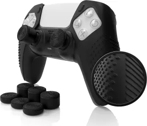 Foamy Lizard SensePro PS5 Controller Skin | Dock Compatible, Soft Flat Anti-Slip Studded Silicone Gel Grip Cover for PlayStation 5 Dualsense, Rubber Protector Plus 8 Raised Thumb Grip Caps (Black)