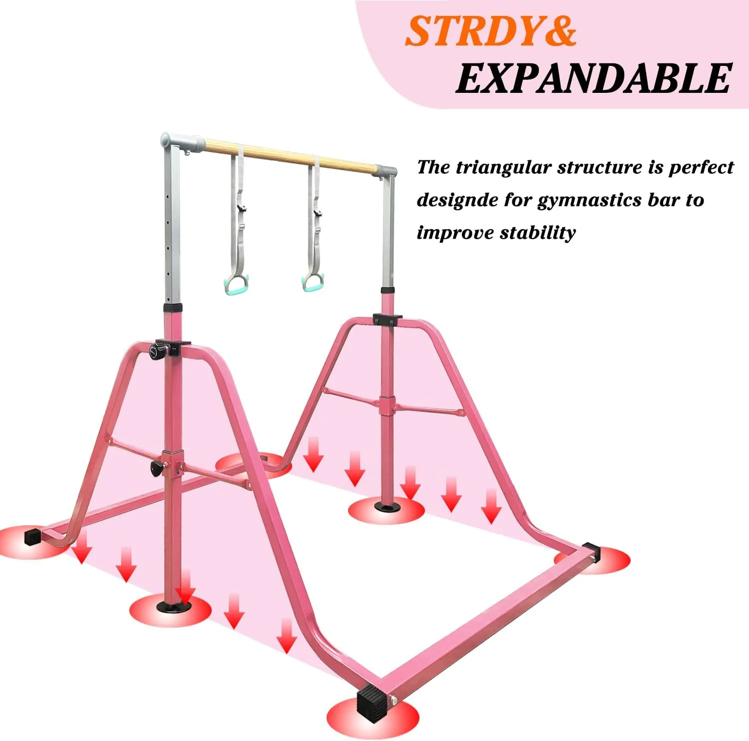 Foldable & Moveable Gymnastics Horizontal Bar with Rings,3’to 5’Adjustable Height Expandable Junior Kip Bar for Home,Indoor Gym Equipment for Kids