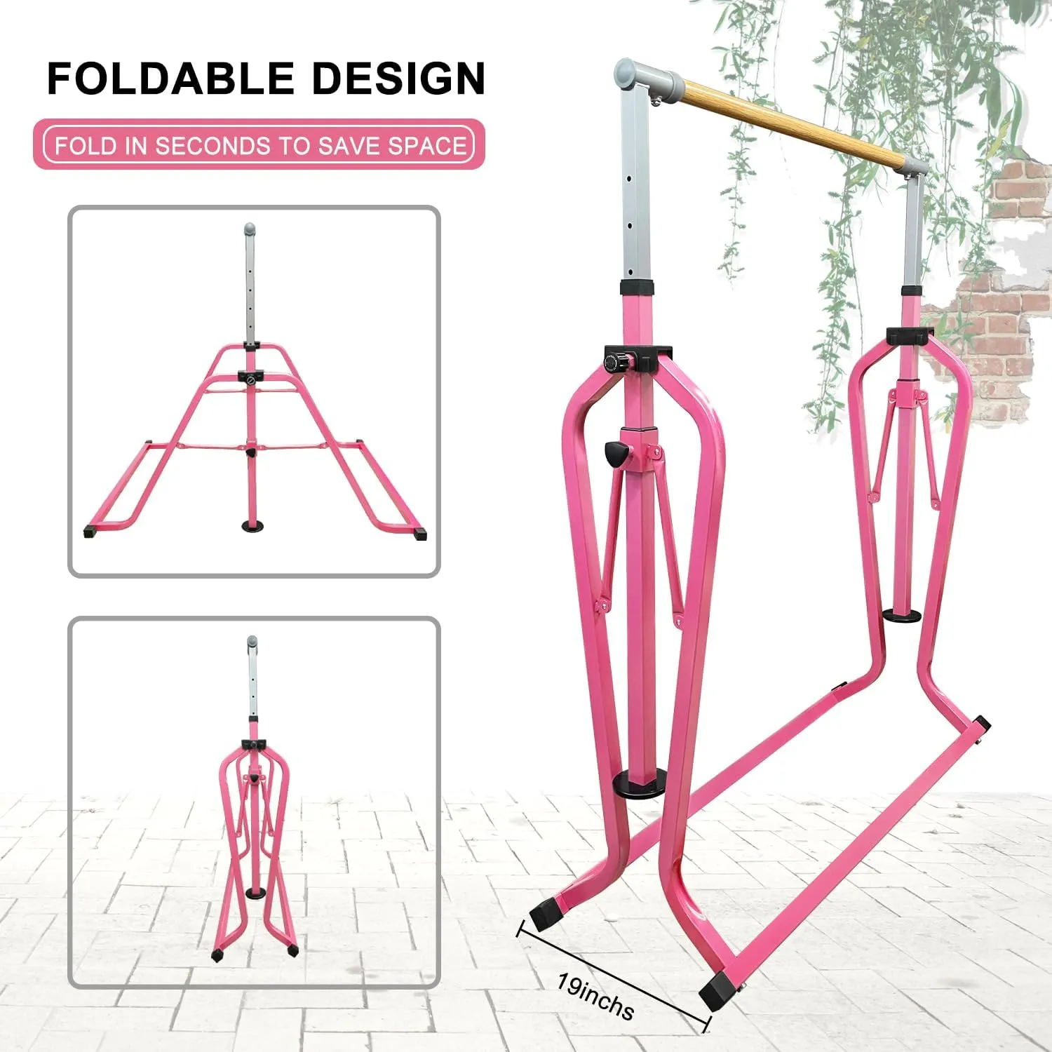 Foldable & Moveable Gymnastics Horizontal Bar with Rings,3’to 5’Adjustable Height Expandable Junior Kip Bar for Home,Indoor Gym Equipment for Kids