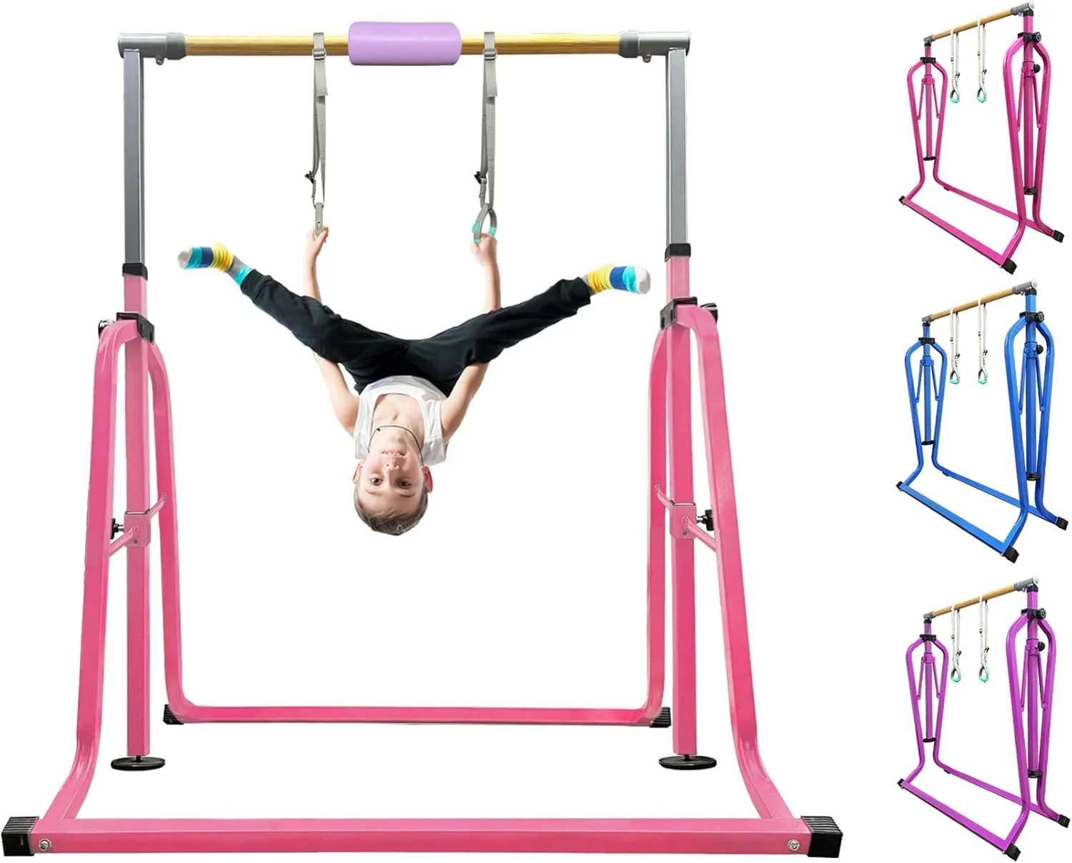 Foldable & Moveable Gymnastics Horizontal Bar with Rings,3’to 5’Adjustable Height Expandable Junior Kip Bar for Home,Indoor Gym Equipment for Kids