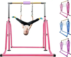 Foldable & Moveable Gymnastics Horizontal Bar with Rings,3’to 5’Adjustable Height Expandable Junior Kip Bar for Home,Indoor Gym Equipment for Kids