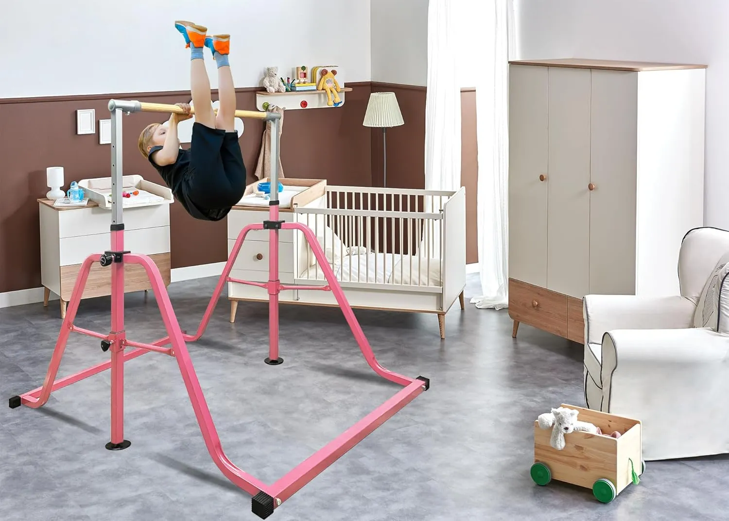 Foldable & Moveable Gymnastics Horizontal Bar with Rings,3’to 5’Adjustable Height Expandable Junior Kip Bar for Home,Indoor Gym Equipment for Kids