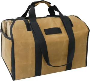 Foldable Firewood Log Carrier, Moisture Proof Waxed Canvas Log Bag, Portable Wood Tote with Shoulder Strap and Top Handles