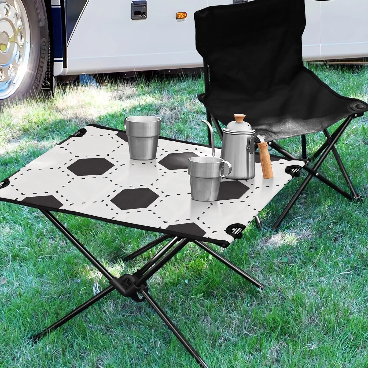 Folding Short Table White and Black Football Soccer Collapsible Portable Beach Table with Carry Bag for Dining Hiking Fishing