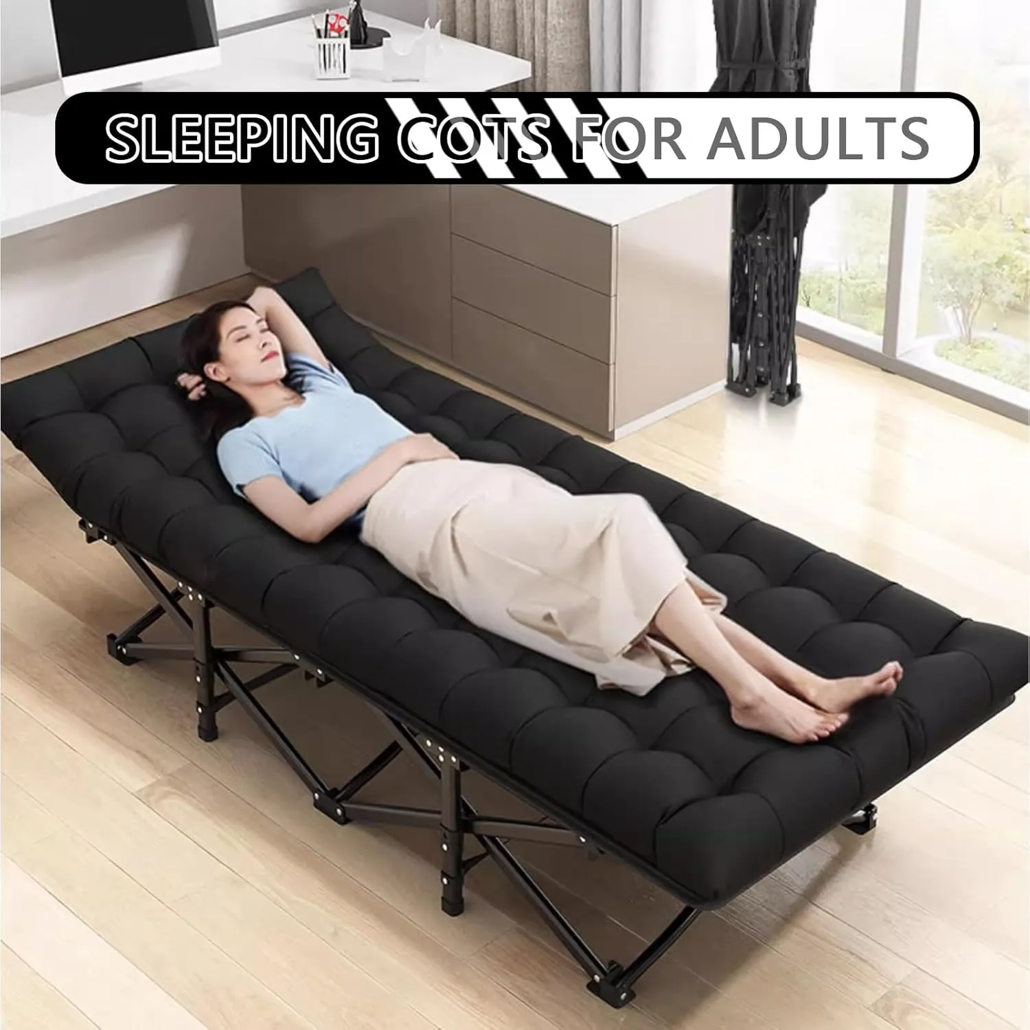 Folding Sleeping cot for Adults Portable Folding Bed Folding Beds with Mattress, Lounging and Elevated Napping, Support 600 Lbs, Light and Easy to Carry(Black)
